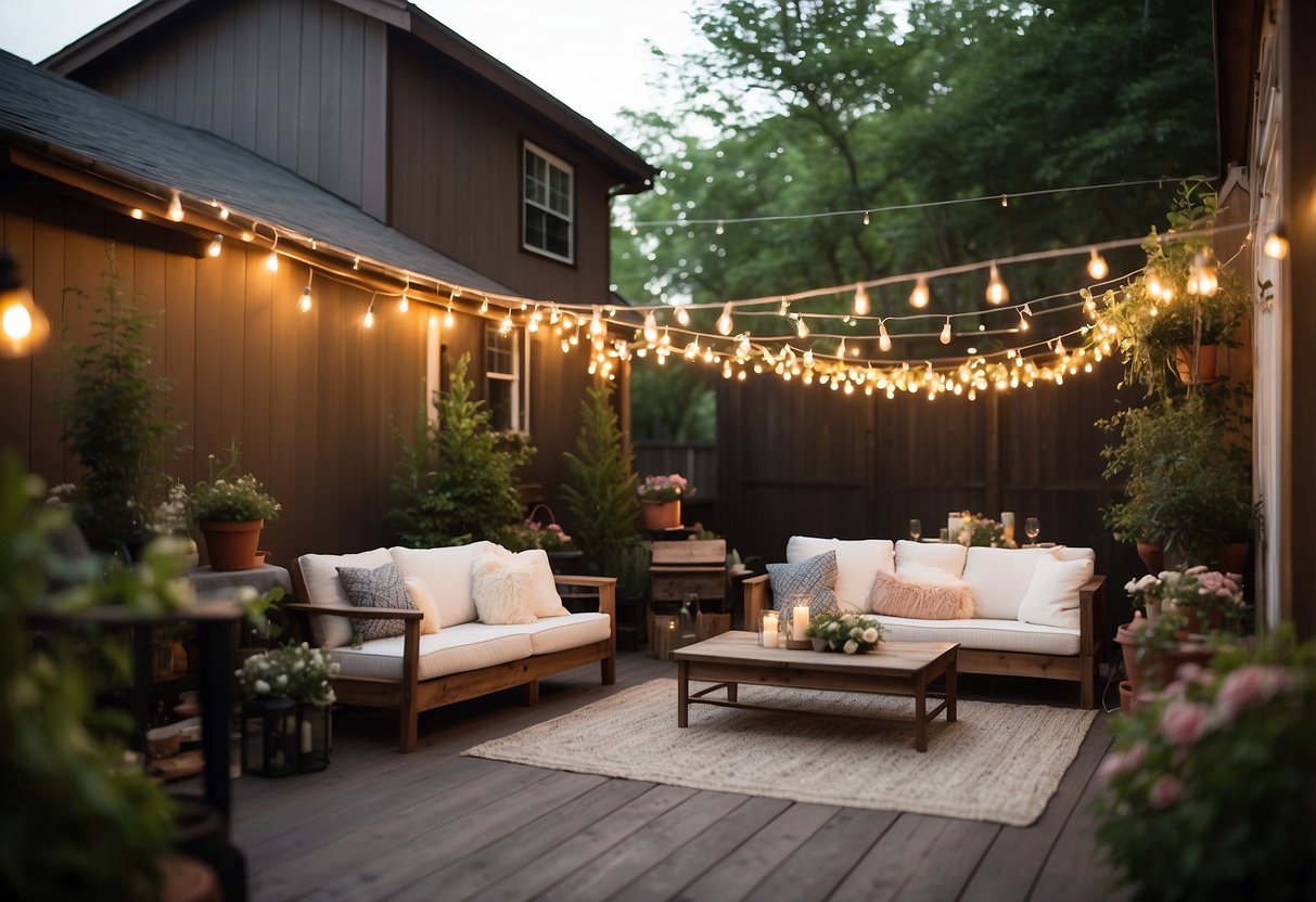 A cozy vintage lounge area in a backyard, with string lights, floral arrangements, and rustic furniture, creating a romantic and intimate setting for a wedding celebration