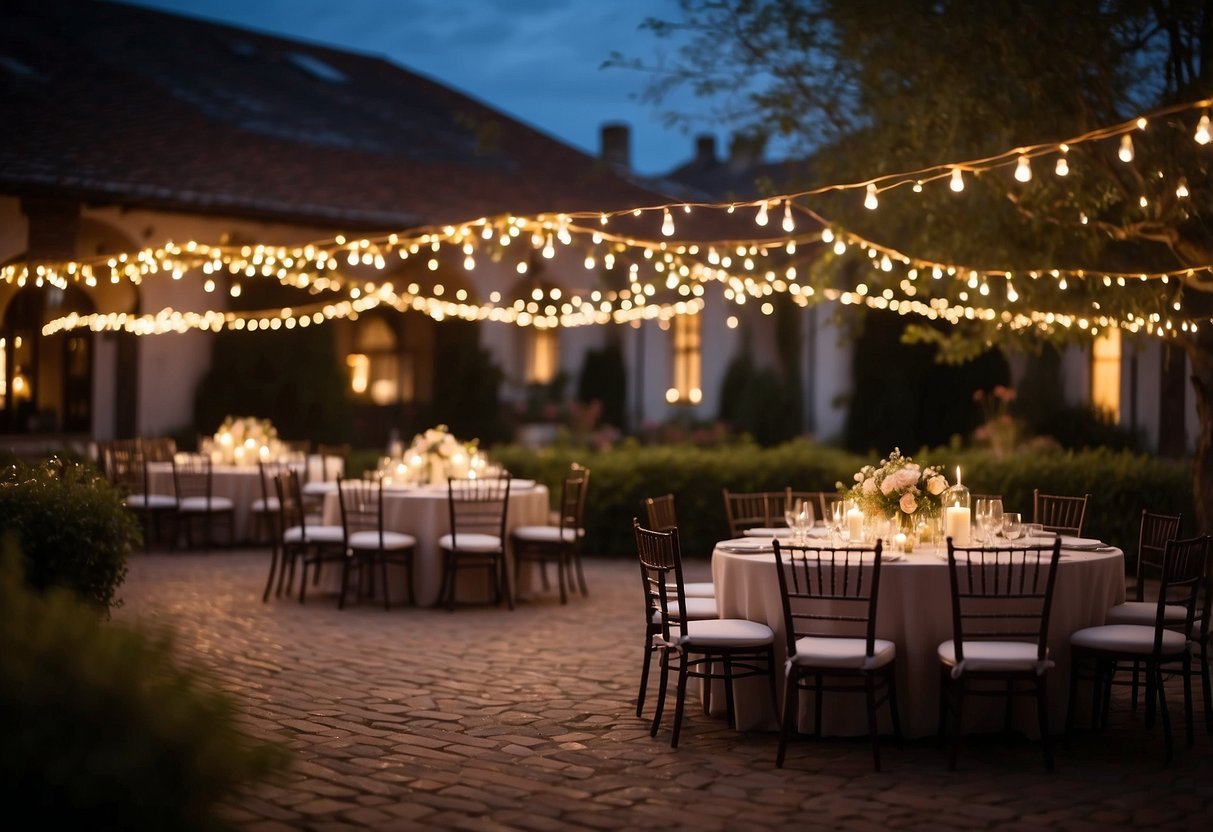 A moonlit garden with fairy lights, a floral arch, and a canopy of stars. Tables set with candles and elegant centerpieces. A dance floor surrounded by twinkling lanterns