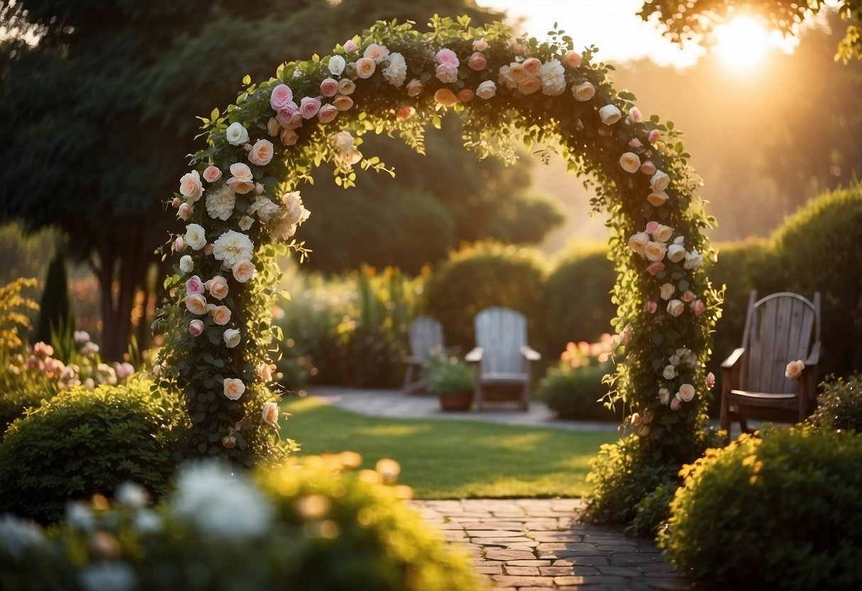 A floral-covered arch stands in a lush garden, surrounded by chairs. The sun sets, casting a warm glow over the scene