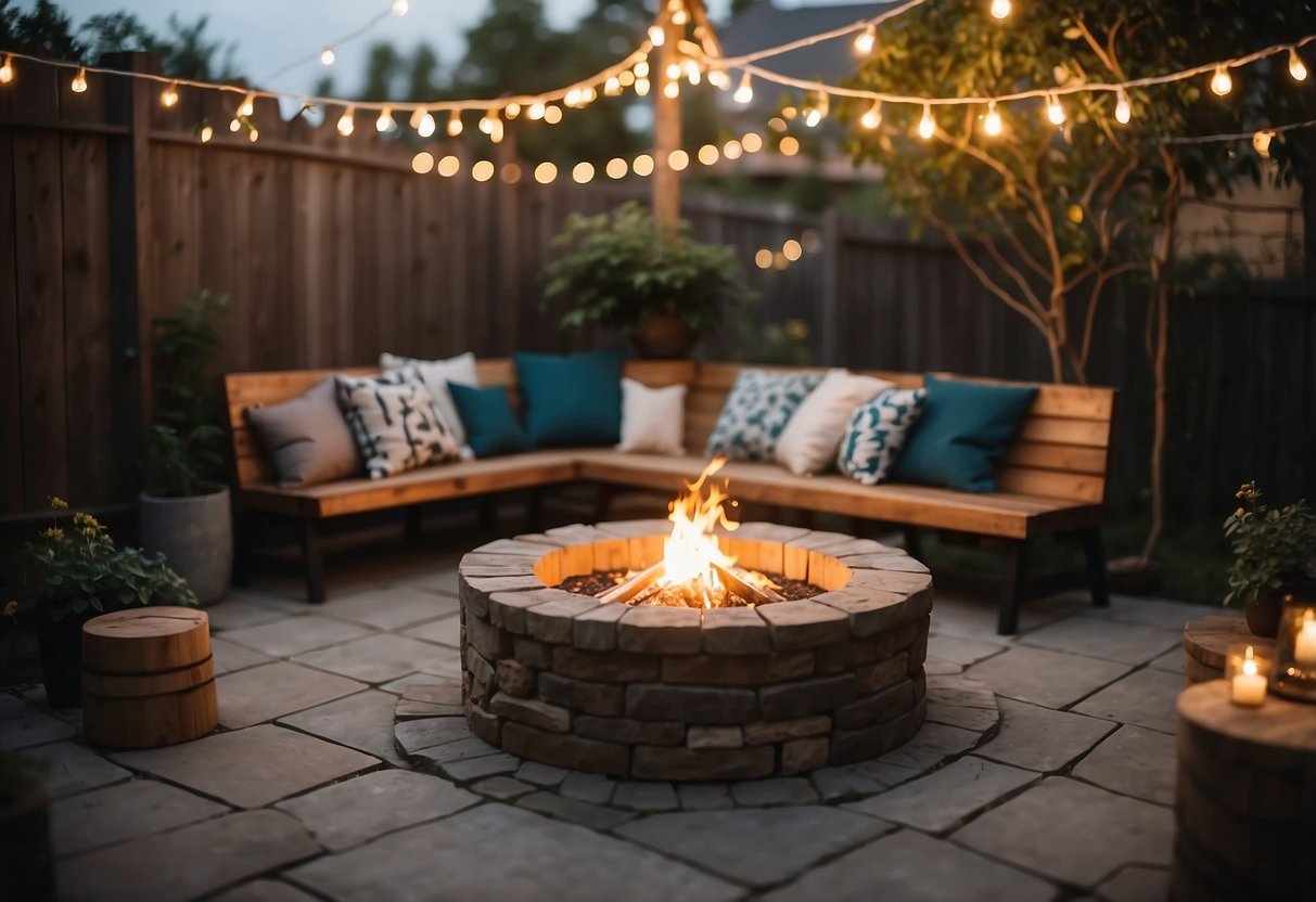 A cozy fire pit surrounded by string lights and rustic seating, set in a corner of a backyard wedding