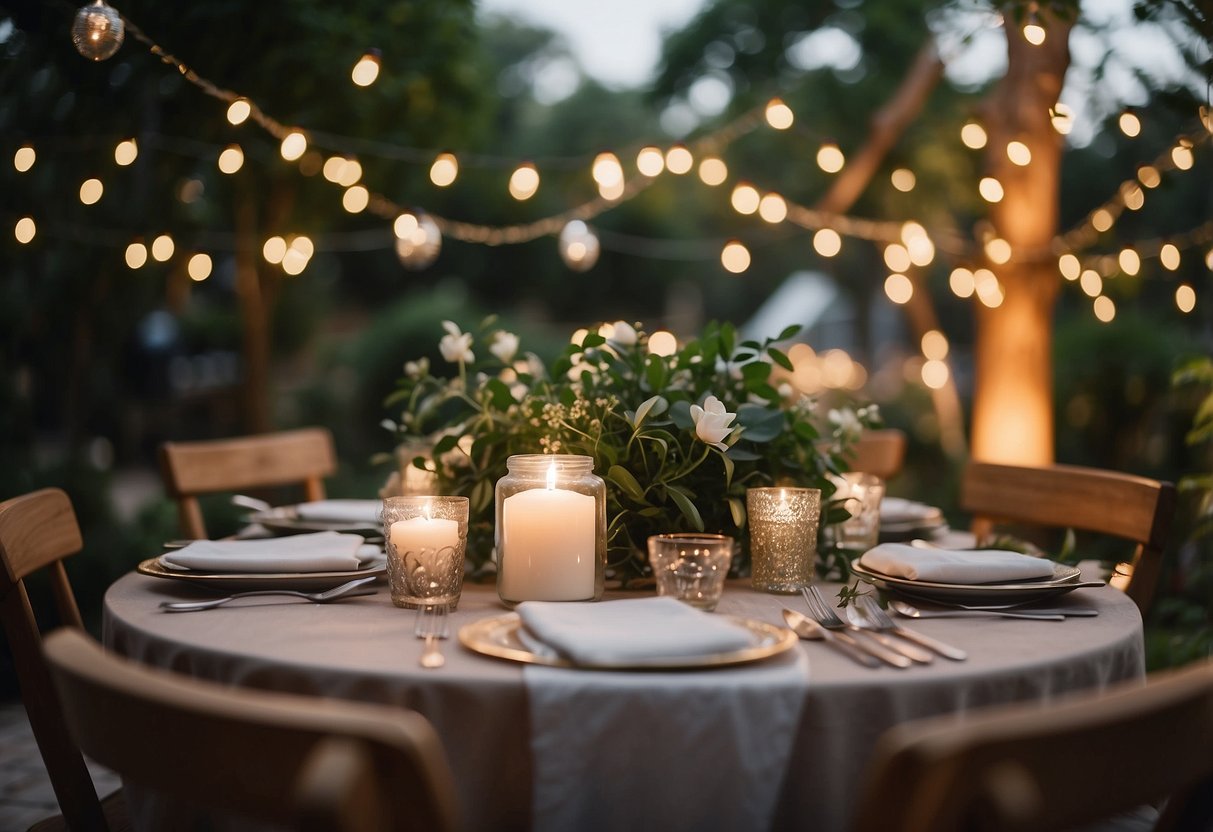 A table adorned with personalized wedding favors sits in a charming backyard setting, surrounded by twinkling string lights and lush greenery