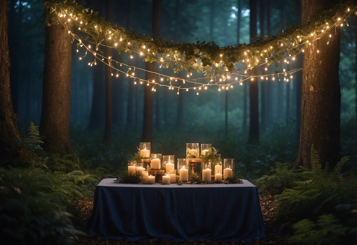 A serene forest clearing bathed in moonlight, adorned with twinkling fairy lights and candles. A rustic altar stands in the center, draped with ethereal fabrics and surrounded by lush greenery