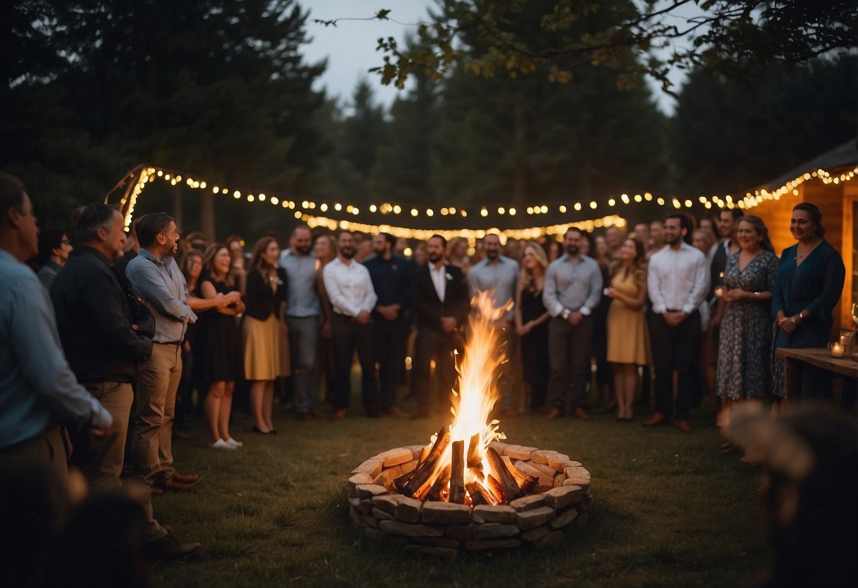 A roaring bonfire illuminates a rustic wedding scene. String lights twinkle above, casting a warm glow on the surrounding trees. A cozy pit invites guests to gather and celebrate under the starry night sky