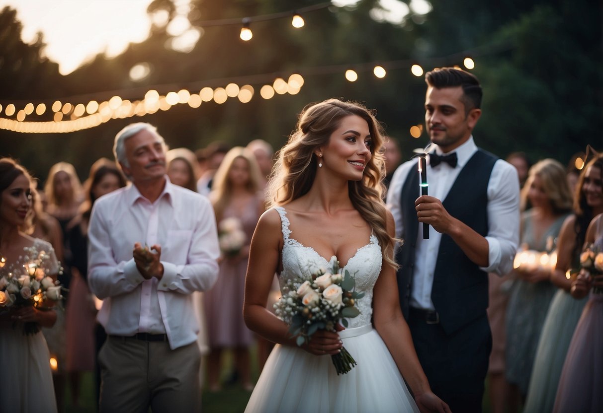 Guests wield glowing lightsabers in a dimly lit outdoor wedding setting, creating a magical and futuristic atmosphere