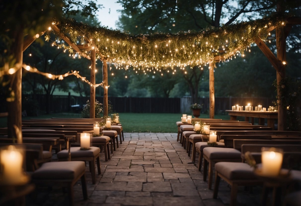 A backyard wedding scene with fairy lights, floral arch, and rustic seating under a canopy of trees