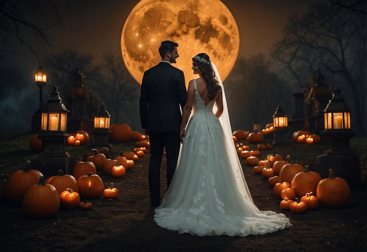 A spooky-themed wedding with black and orange decor, pumpkins, and cobwebs. A haunted mansion backdrop with eerie lighting and a full moon