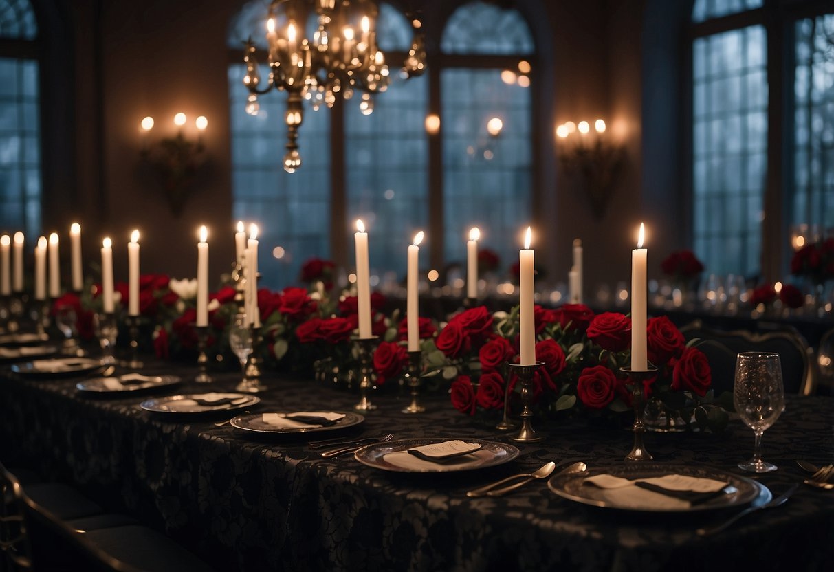 A dimly lit room with gothic black lace tablecloths draped over long banquet tables, adorned with flickering candles and deep red roses for a Halloween wedding