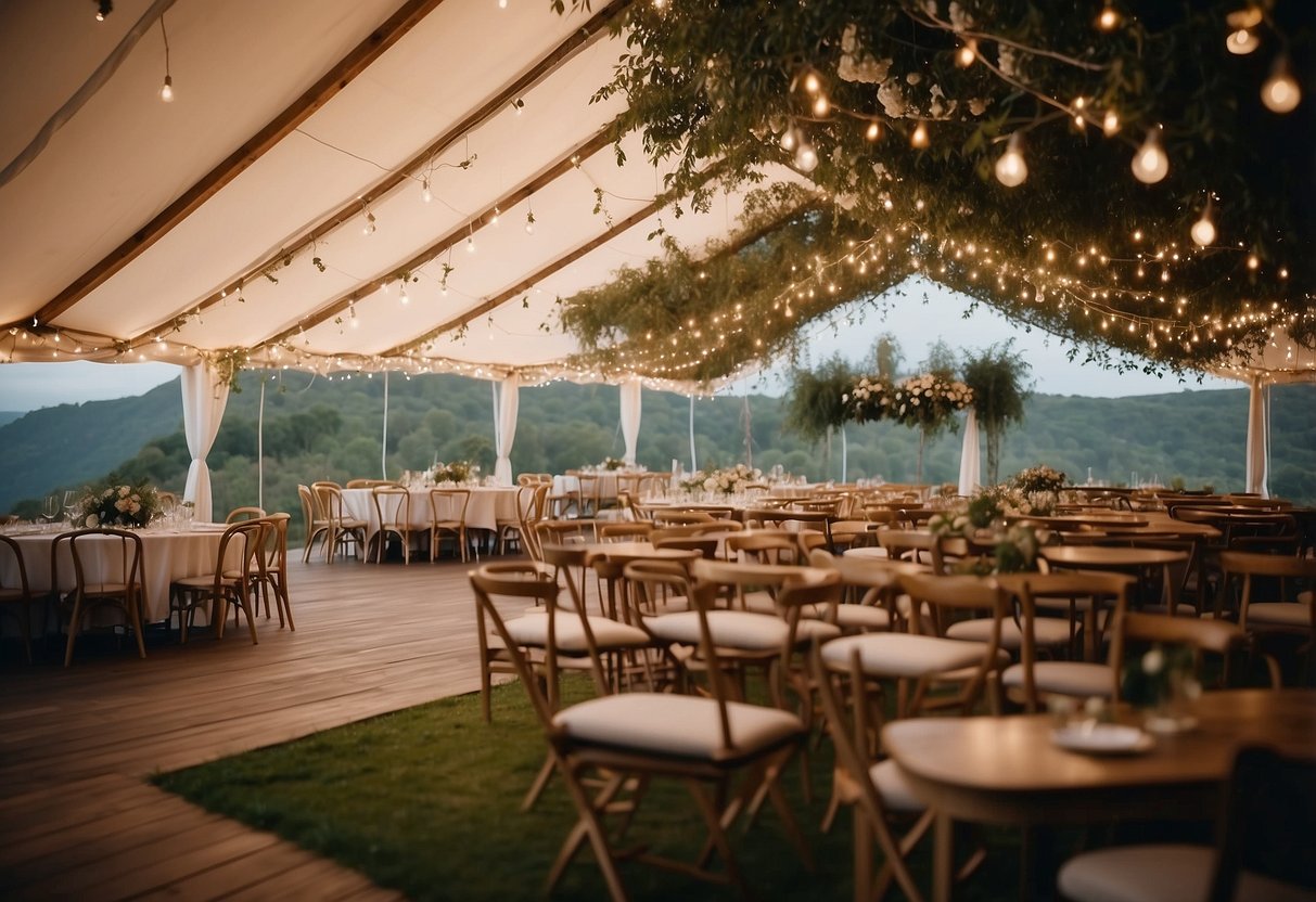 A white tent adorned with fairy lights, surrounded by lush greenery and blooming flowers. A rustic wooden dance floor and elegant seating arrangements