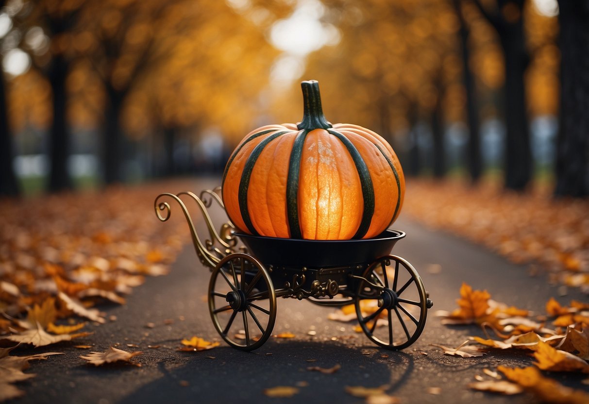 A pumpkin carriage arrives at a Halloween wedding, surrounded by autumn leaves and flickering lanterns