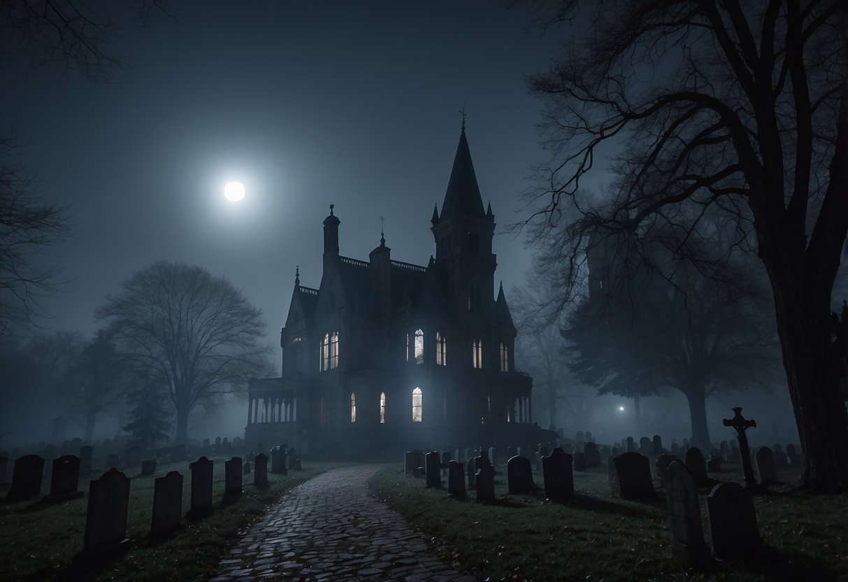 A grand, eerie mansion adorned with cobwebs and flickering candles, surrounded by a misty graveyard. A full moon casts an ominous glow over the scene, setting the perfect backdrop for a haunted Halloween wedding