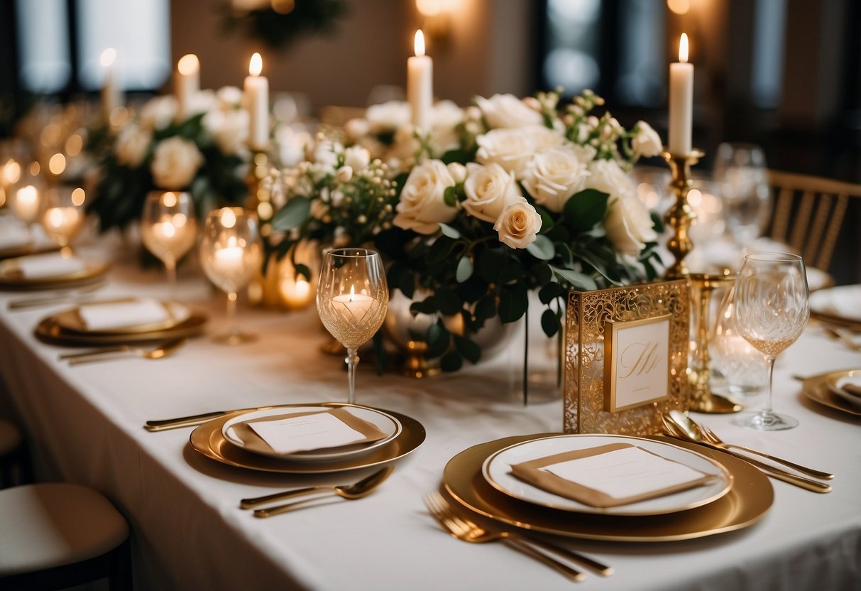 A table adorned with elegant floral centerpieces, gold-rimmed plates, and personalized place cards. A mix of modern and classic elements creates a sophisticated and romantic atmosphere