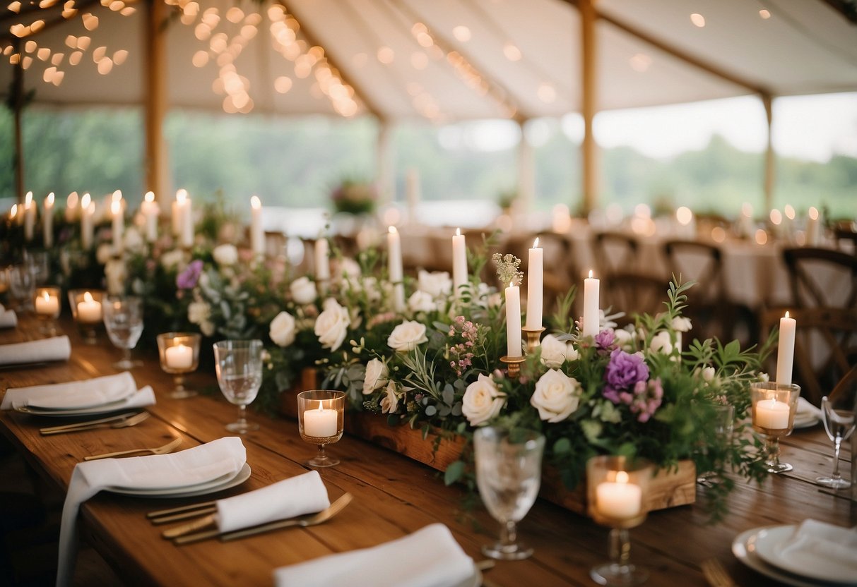 Rustic centerpieces adorn a chic tented wedding, featuring wildflowers, candles, and wooden accents