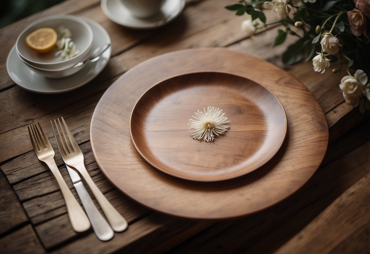 A wooden charger plate with rustic details sits on a weathered table, surrounded by elegant tableware and a simple floral arrangement