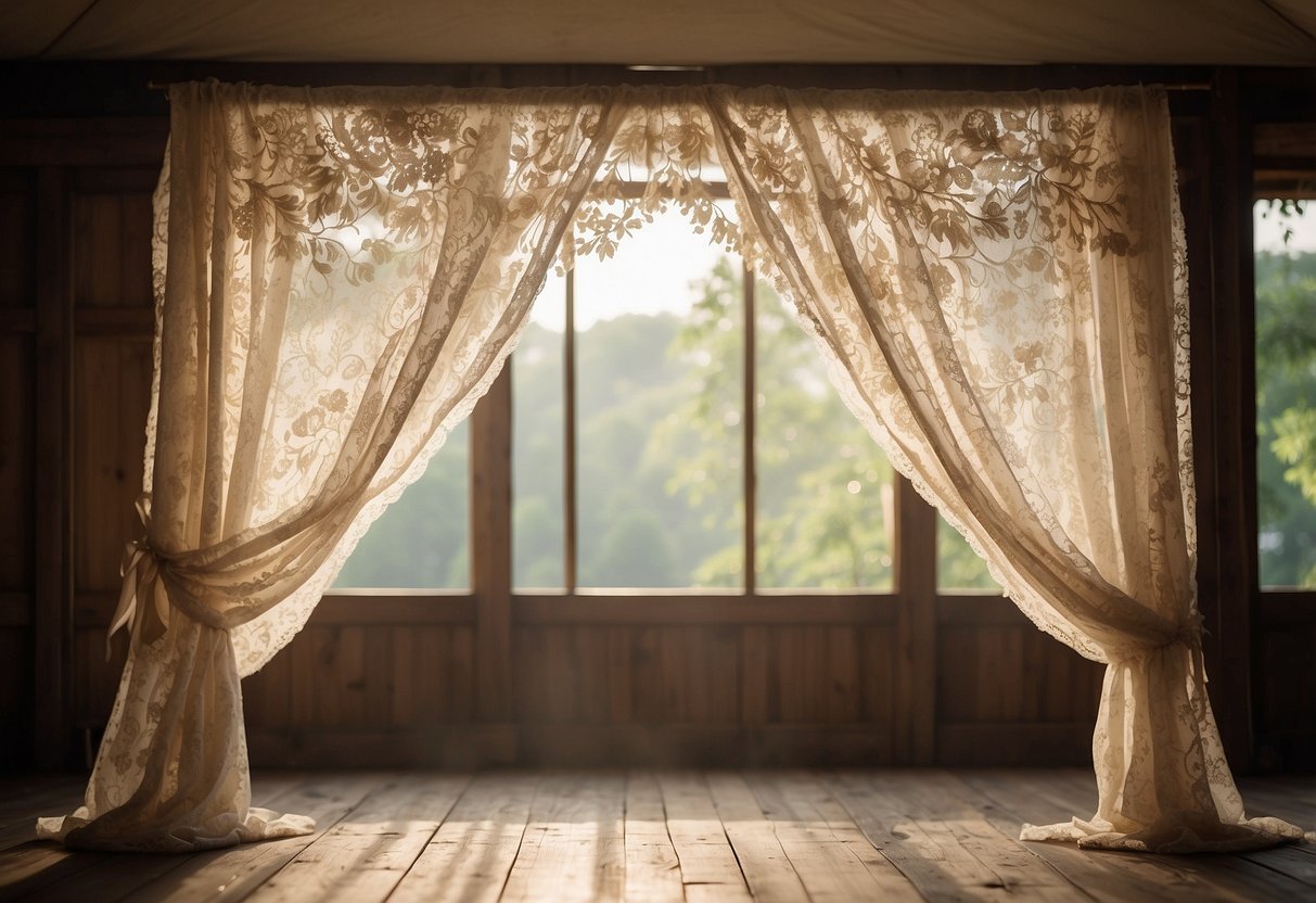 Vintage lace drapes hang from a wooden frame, creating a romantic tent for a wedding. Soft light filters through, casting delicate patterns on the ground