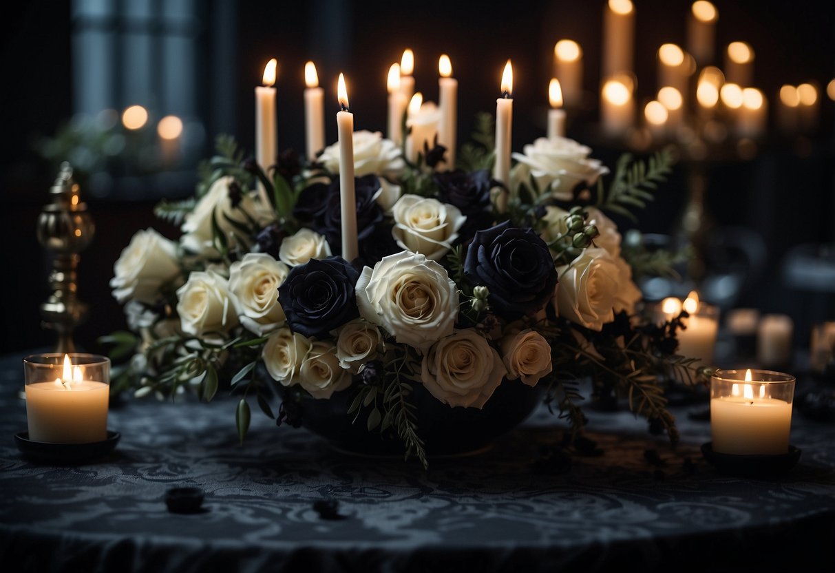 Skeleton hand bouquets arranged on a dark, gothic wedding table with black candles and eerie floral arrangements