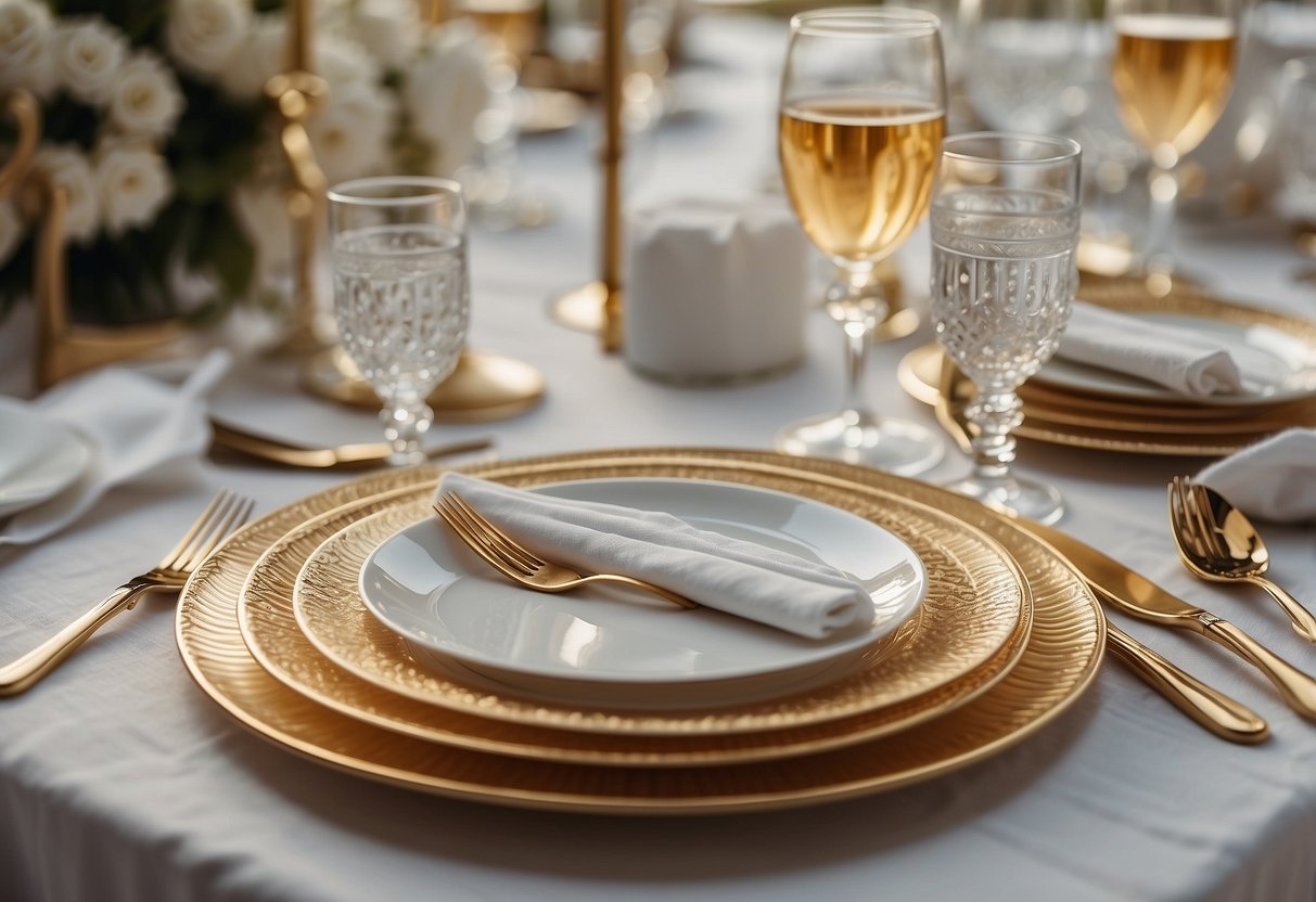 Gold-rimmed glass plates arranged with elegant cutlery and delicate napkins on a crisp white tablecloth