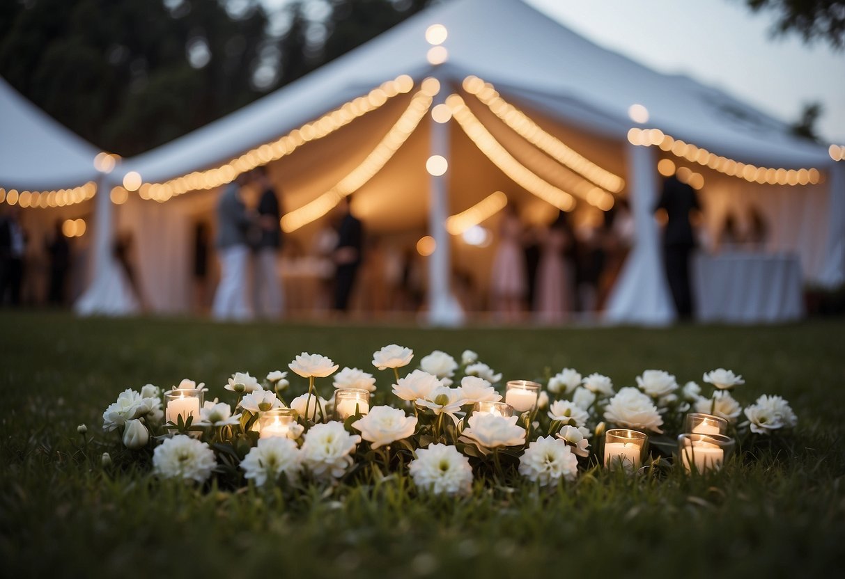 A white tent sits on a grassy dance floor, surrounded by twinkling lights and floral decorations, creating a romantic outdoor wedding setting