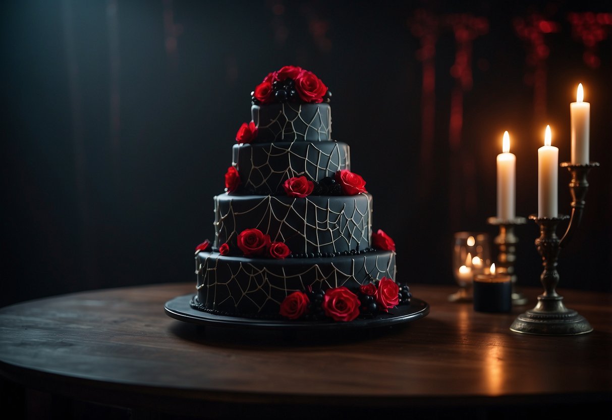 A black and red tiered cake sits on a gothic-style table, adorned with spiderweb and skull decorations. A dimly lit room with eerie ambiance sets the scene