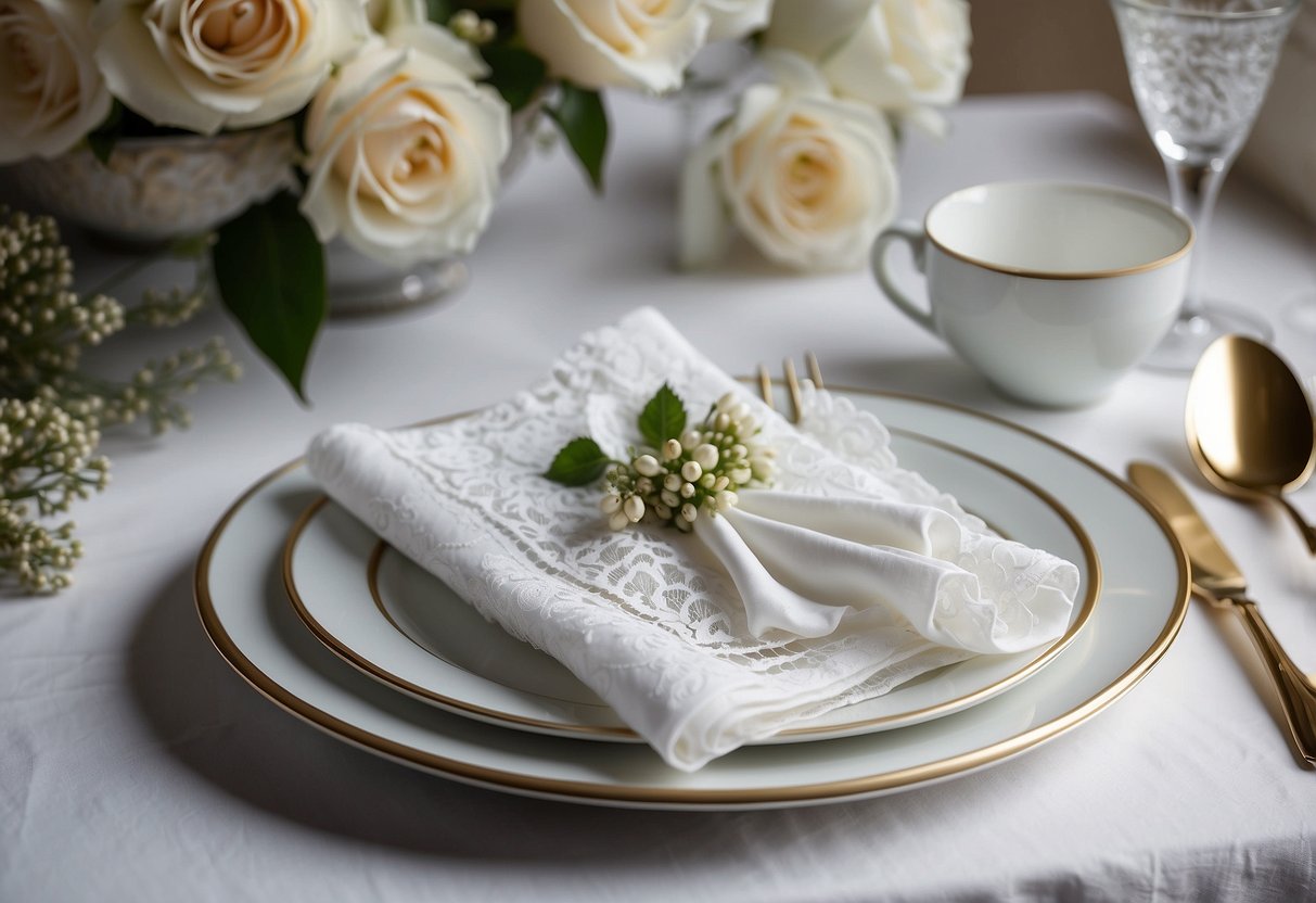 A vintage lace napkin is neatly folded and placed on a white porcelain plate, with delicate floral arrangements and silver cutlery