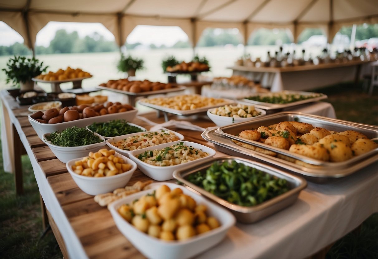 Multiple food stations under a tent at a wedding. Each station offers gourmet dishes and is decorated with elegant table settings