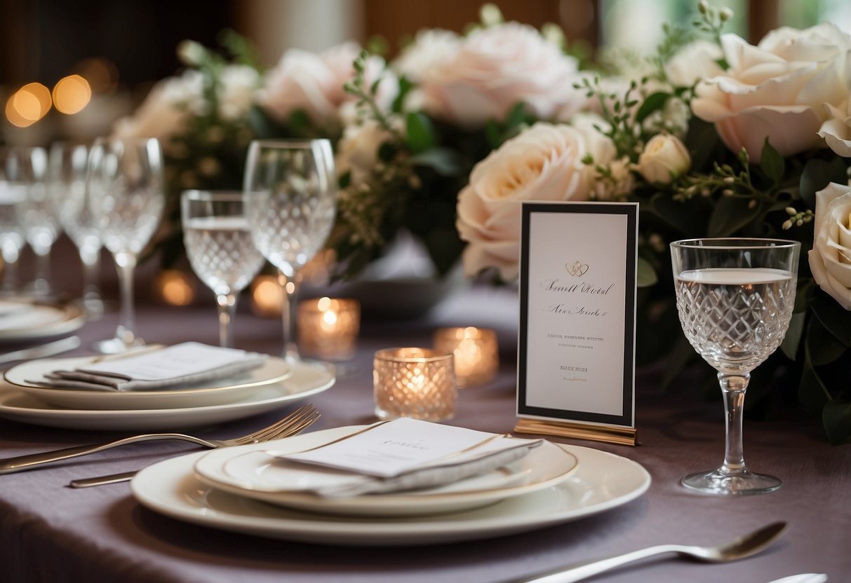 A table setting with elegant name cards, each personalized for the wedding guests