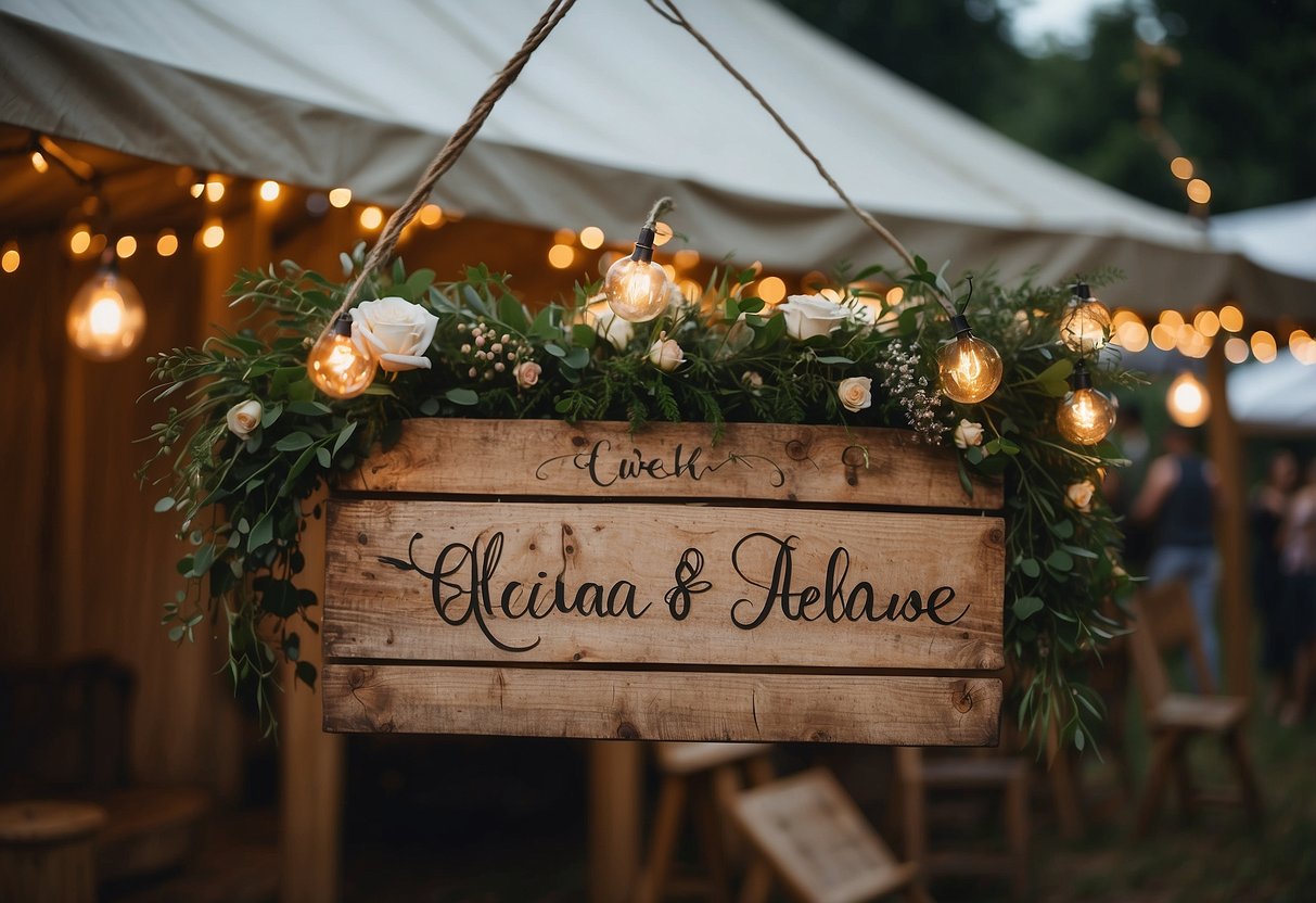 A rustic wooden sign hangs from a tent entrance, displaying the couple's names and wedding date in elegant calligraphy. Fairy lights twinkle around the edges, adding a romantic touch to the personalized signage