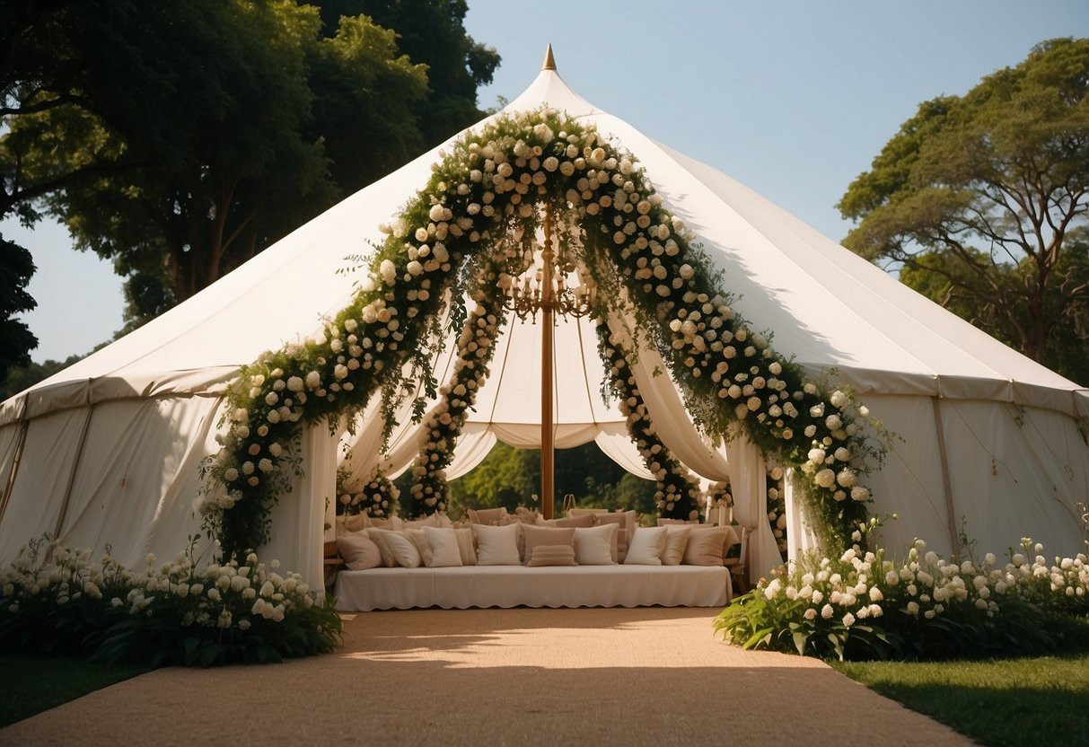 A grand white tent adorned with flowing, elegant fabric liners, illuminated by soft, warm lights, set against a backdrop of lush greenery and blooming flowers