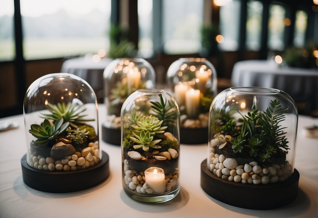 Geometric terrariums arranged as centerpieces on wedding tables