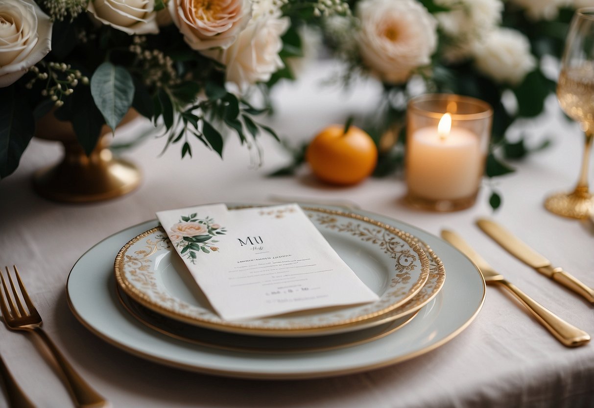 A beautifully hand-painted menu placed on a wedding table setting with elegant floral arrangements and vintage-inspired decor