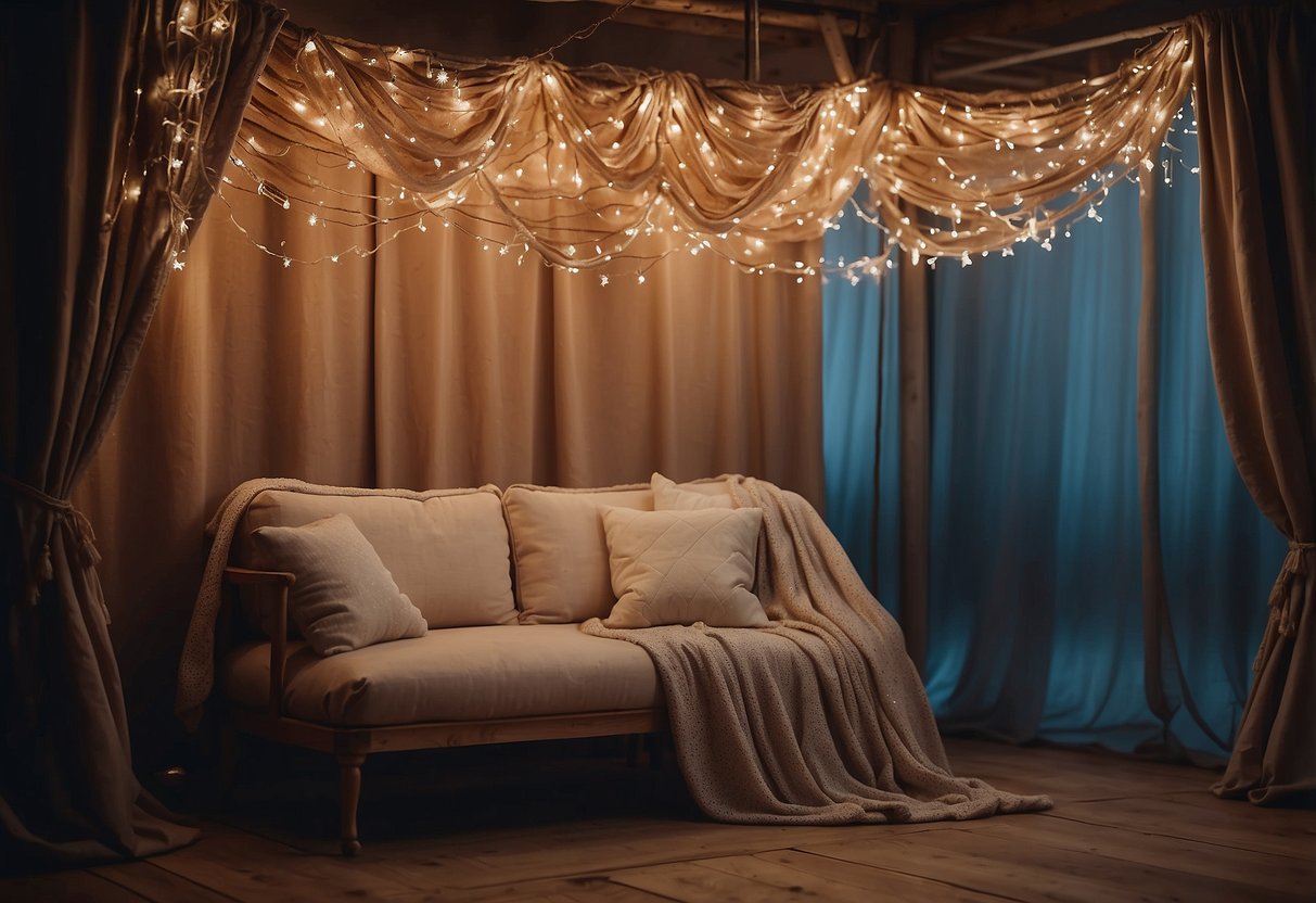 A cozy tent adorned with twinkling lights and draped fabric. A vintage-inspired photo booth with props and a rustic backdrop