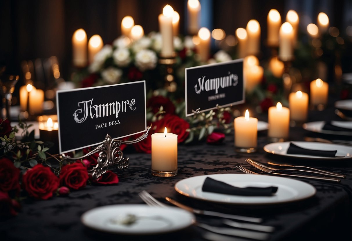 Vampire fangs place cards arranged on a gothic-themed wedding table