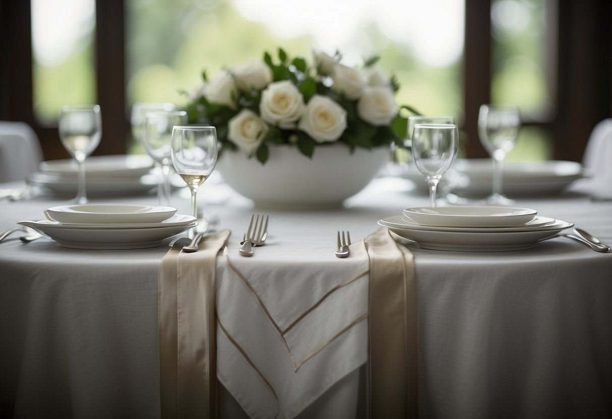 A white linen tablecloth with delicate silk ribbon accents adorning elegant place settings