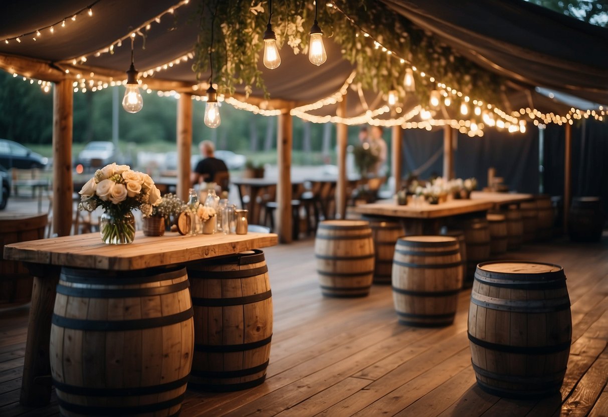 A rustic bar area with string lights, wooden barrels, and floral arrangements under a tent