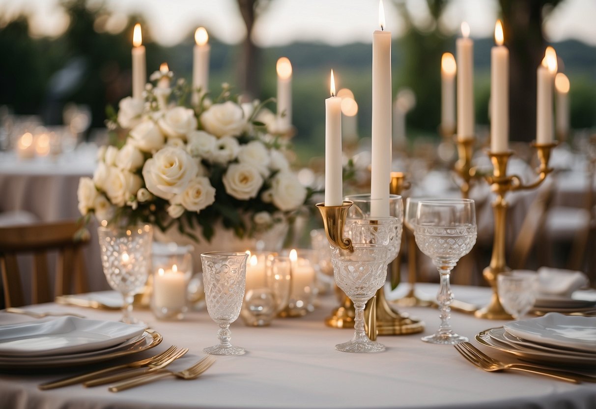 A table set with elegant candle holders, fine china, and sparkling glassware for a wedding reception