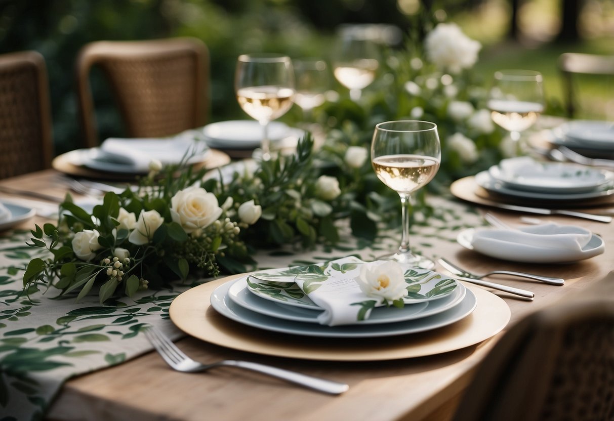 A table set with botanical-printed tablecloths, adorned with elegant place settings for a wedding reception