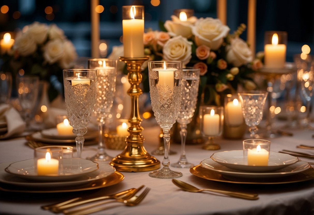 A table set with elegant crystal glassware, gleaming under soft candlelight, surrounded by delicate floral arrangements and gold accents