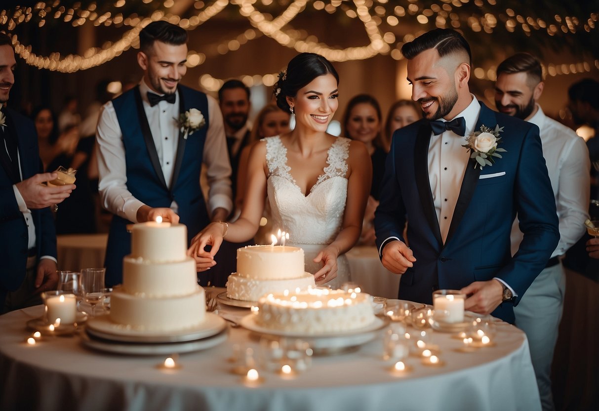 A bride and groom cutting a cake, surrounded by smiling guests and twinkling lights