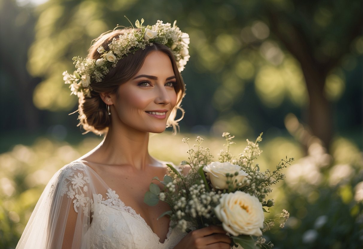 A bride with short hair wearing a delicate flower crown and holding a small bouquet of wildflowers. She stands in a sunlit garden, surrounded by greenery and colorful blooms