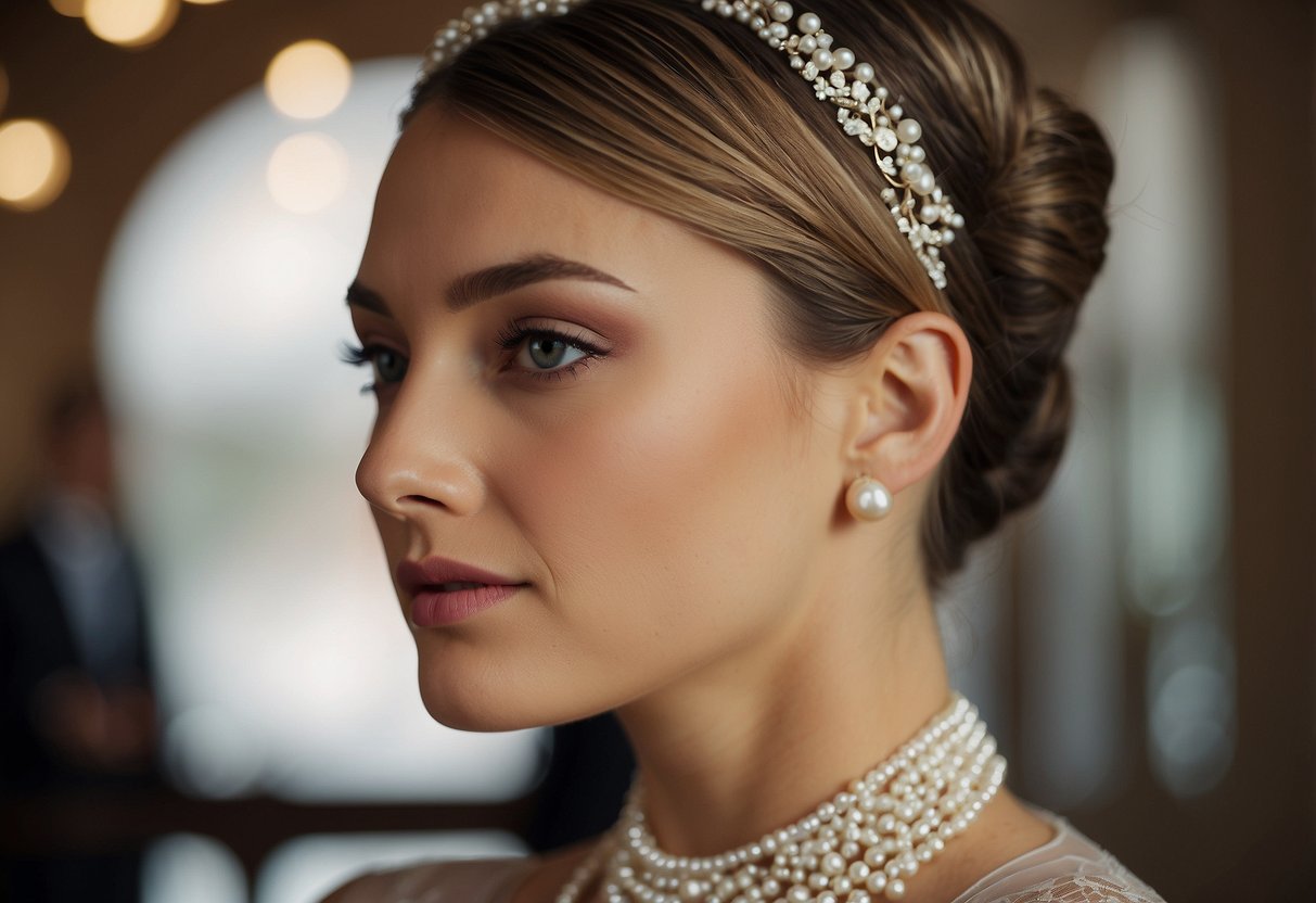 A short-haired figure wears a classic updo adorned with pearl pins, perfect for a wedding