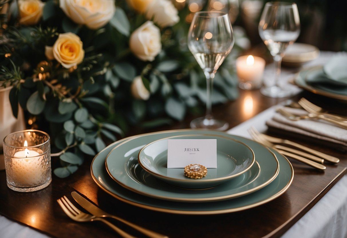 A table with personalized wedding place settings: custom name cards, unique favors, and elegant tableware arranged in a beautiful setting