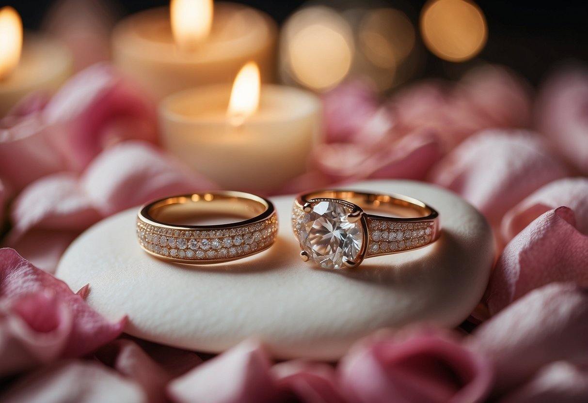 A sparkling engagement ring sits on a bed of rose petals, surrounded by flickering candles and a handwritten love note