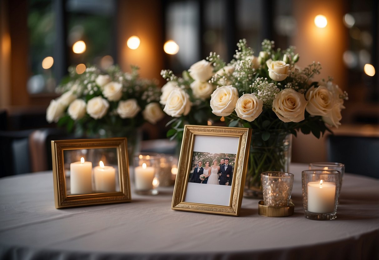 A table displaying framed wedding photos, with soft lighting and decorative flowers