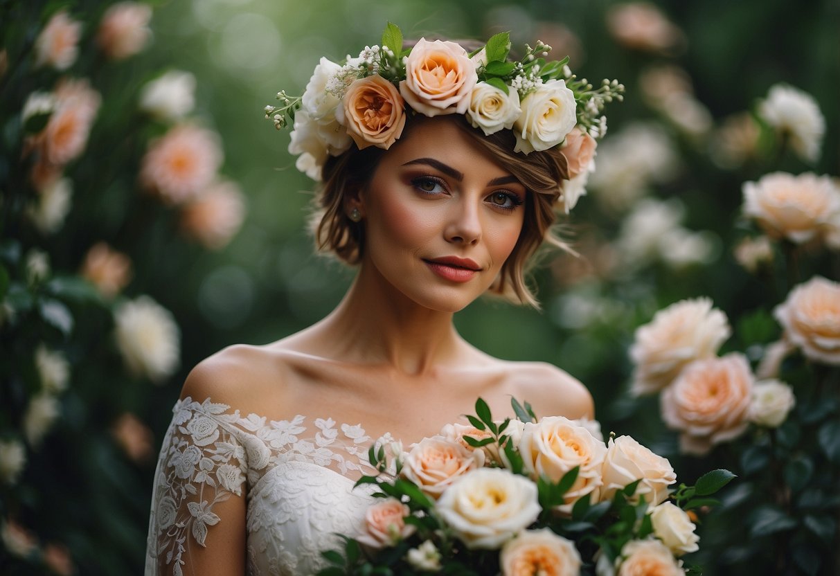 A bride with short hair wearing a floral crown, surrounded by blooming roses and lush greenery