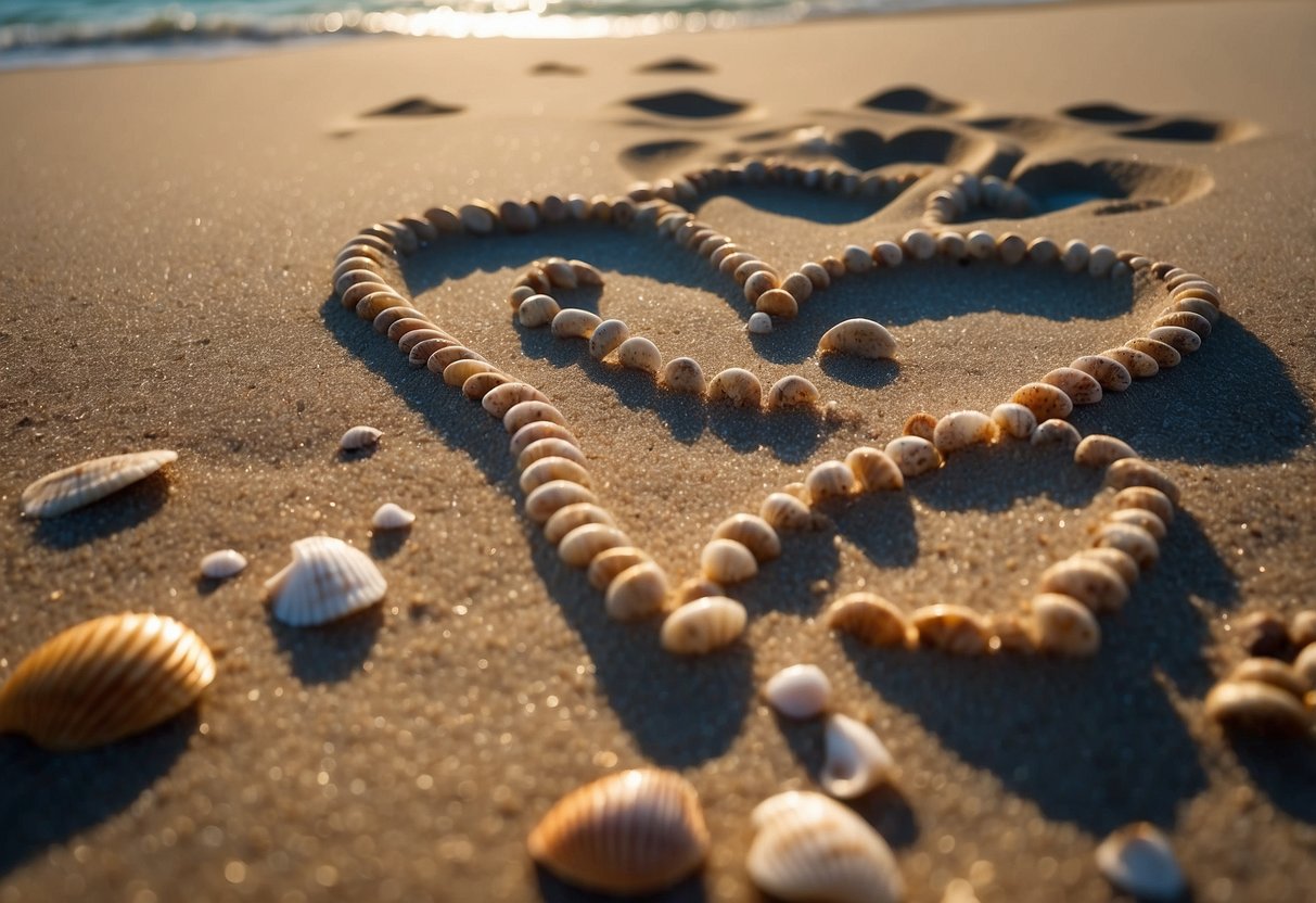 A sandy beach with footprints leading to a heart drawn in the sand, surrounded by seashells and a pair of intertwined wedding rings