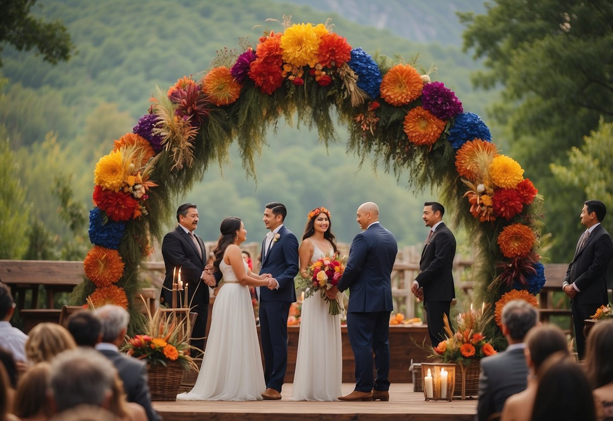 A traditional native American wedding ceremony with a colorful floral arch, woven baskets, and a sacred fire at the center