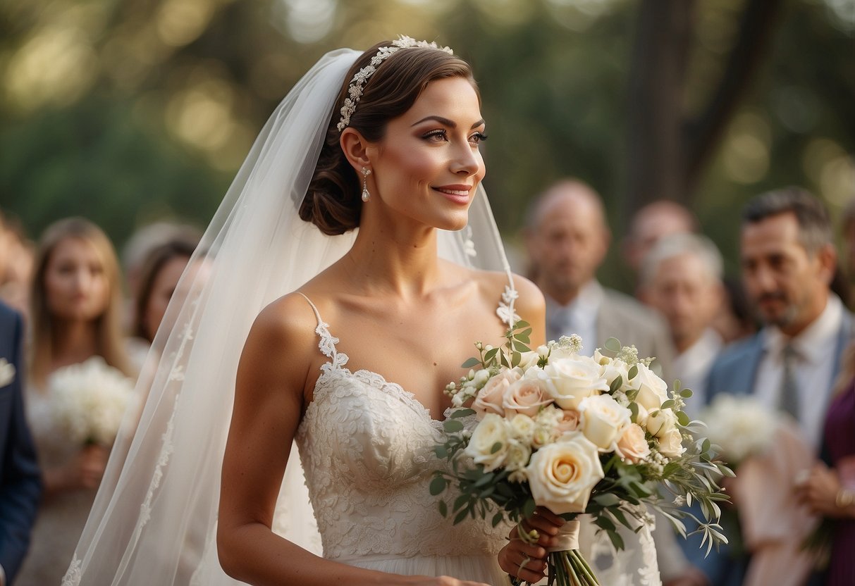 A bride with short, vintage-inspired finger waves walks down the aisle, adorned with delicate florals and a classic veil