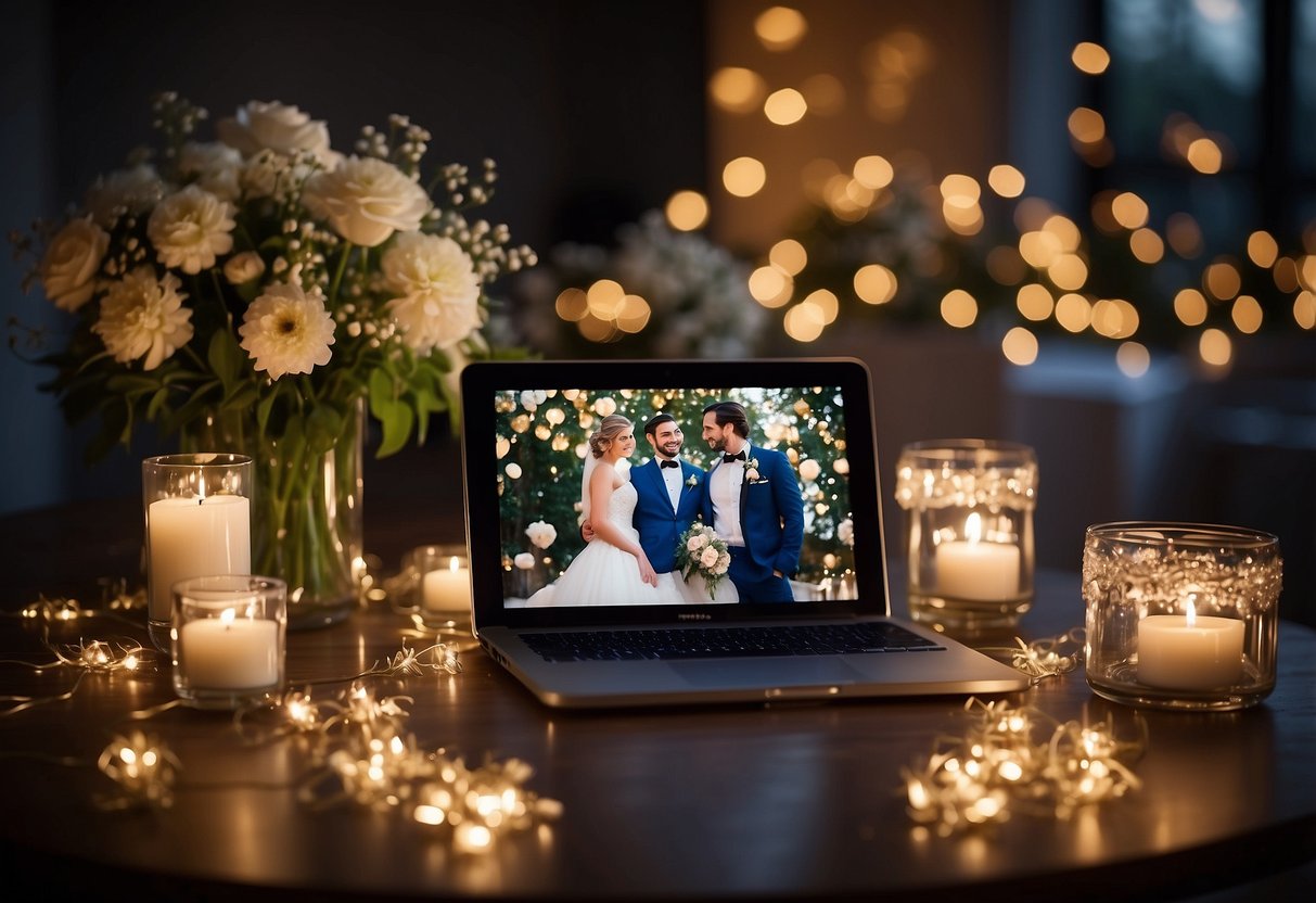 A table with a wedding slideshow playing, surrounded by twinkling fairy lights and framed by floral arrangements