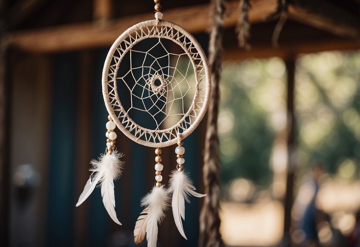 A handcrafted dreamcatcher hangs above a rustic wedding altar, adorned with feathers and beads, symbolizing Native American traditions and love