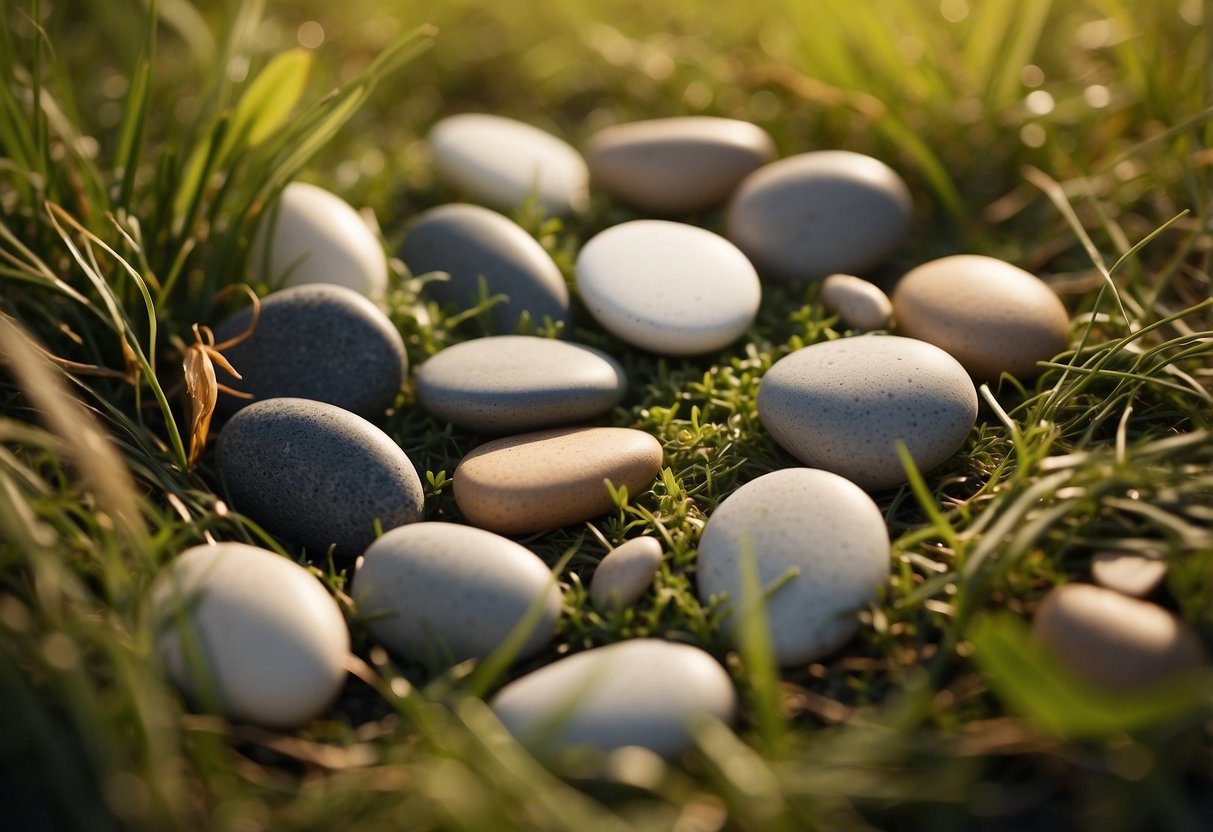 A circle of smooth stones arranged in the grass, surrounded by feathers and herbs, with the warm glow of the setting sun in the background