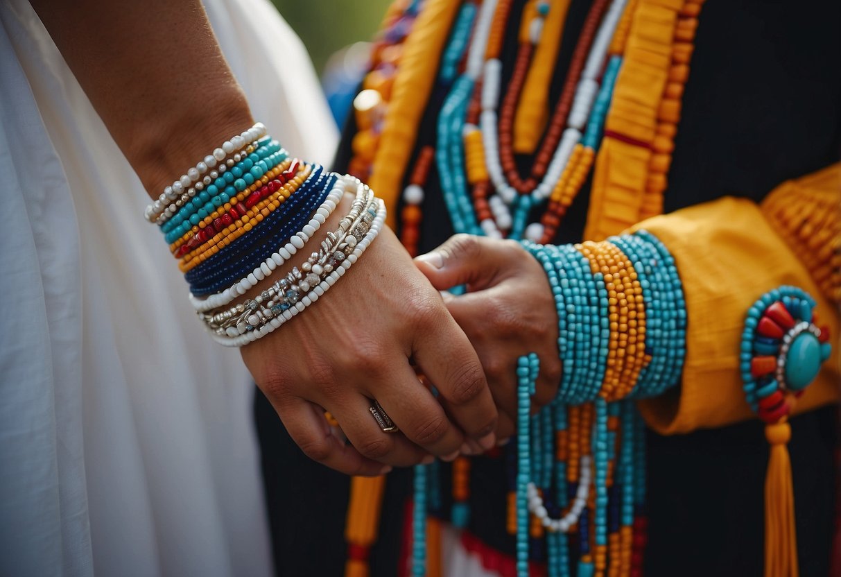 A traditional Native American wedding ceremony with custom beaded jewelry, featuring intricate patterns and vibrant colors, symbolizing love and unity